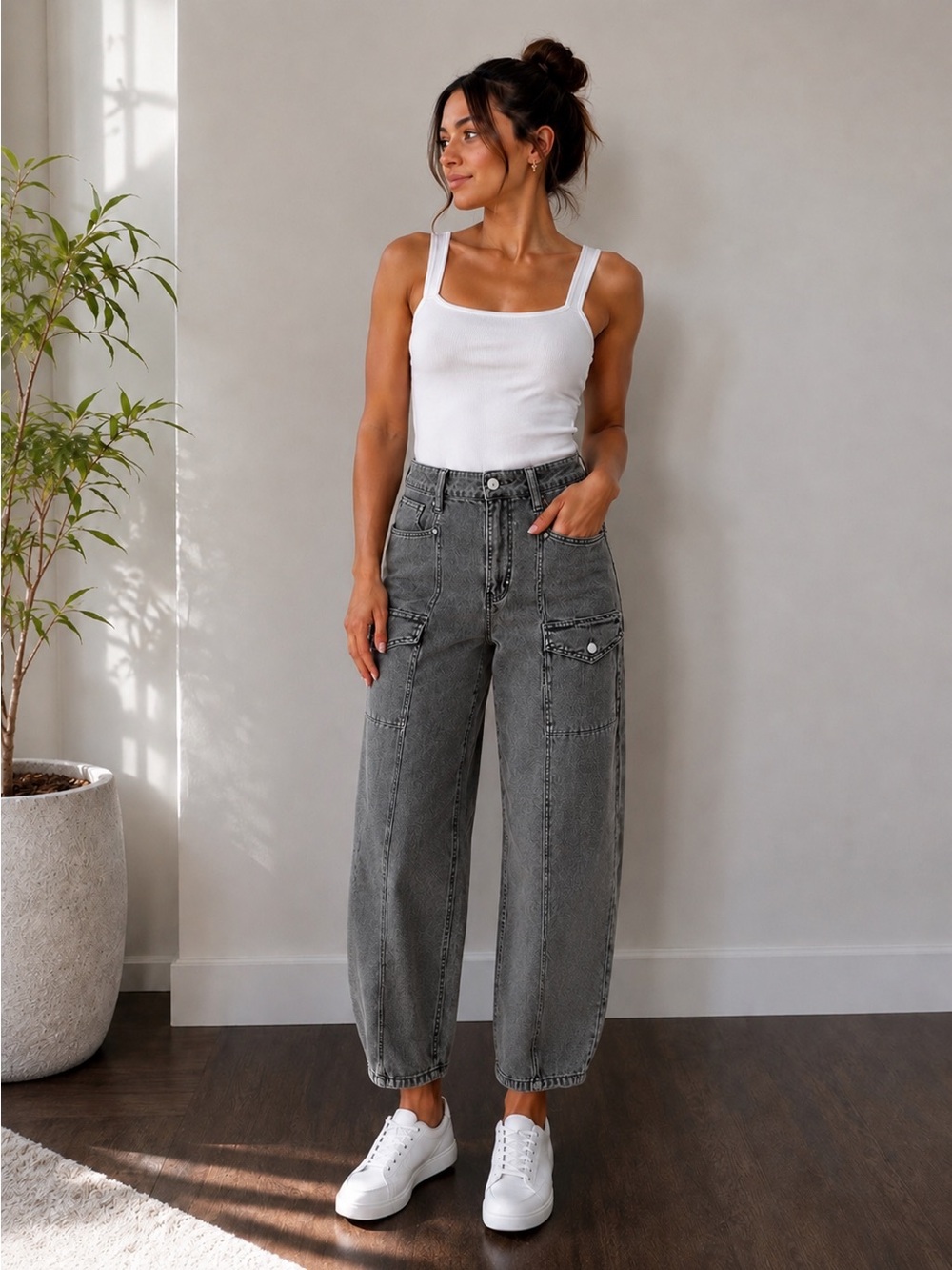 PAIGE Alexis Cargo Pocket Barrel Leg Jeans Sage Green Size 28 High Rise Utility